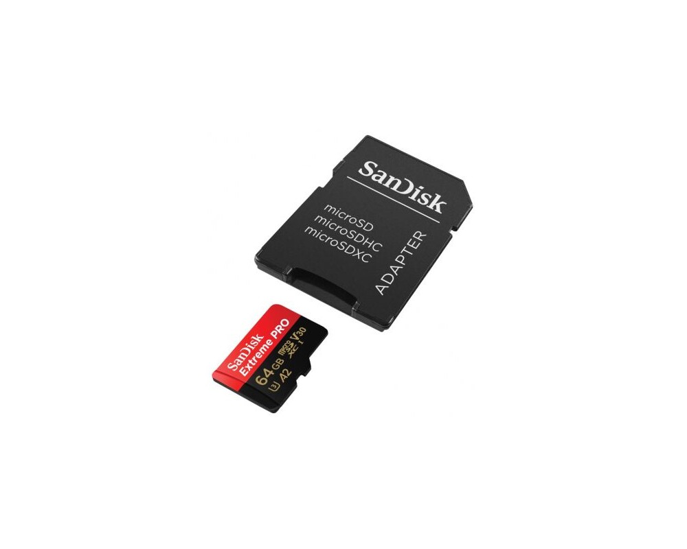 Флаш карта SanDisk Extreme PLUS microSDXC 64GB + SD Adapter + 2 years RescuePRO Deluxe up to 200MB/s & 90MB/s Read/Write speeds A2 C10 V30 UHS-I U8 2