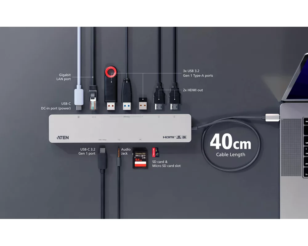 Докинг станция ATEN 11-in-1 USB-C Multiport Dock + Power Pass-Through 8