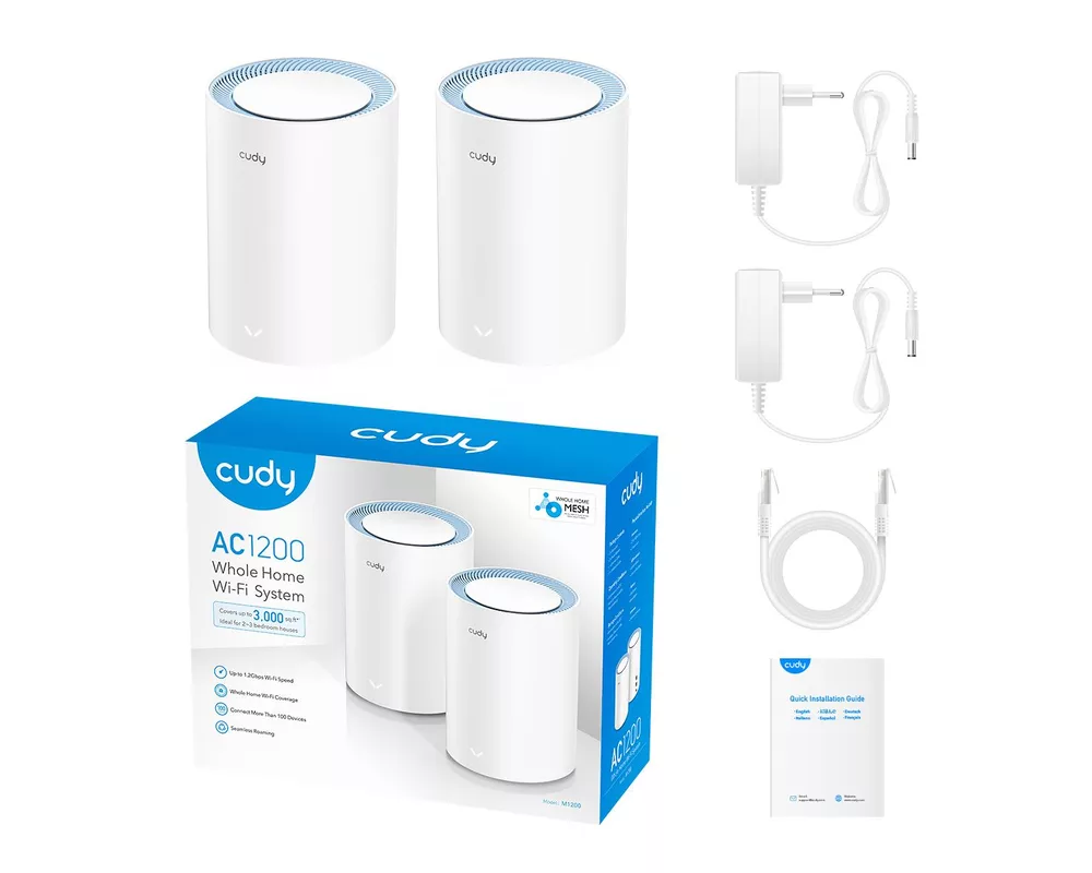 Рутер Безжична Mesh система Cudy M1200 2, AC1200 Dual Band, 2.4/5 GHz, 300 - 867 Mbps, 2 броя 2