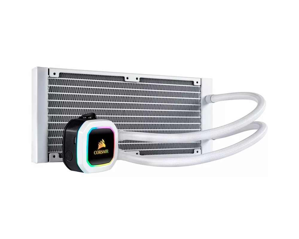 Охладител за процесор Corsair Hydro Series H100i RGB PLATINUM SE 240mm Liquid CPU Cooler, an all-in-one liquid CPU cooler with a 240mm radiator and vivid RGB lighting in brilliant white housing, built for extreme CPU cooling, dual LL120 RGB PWM fans 2