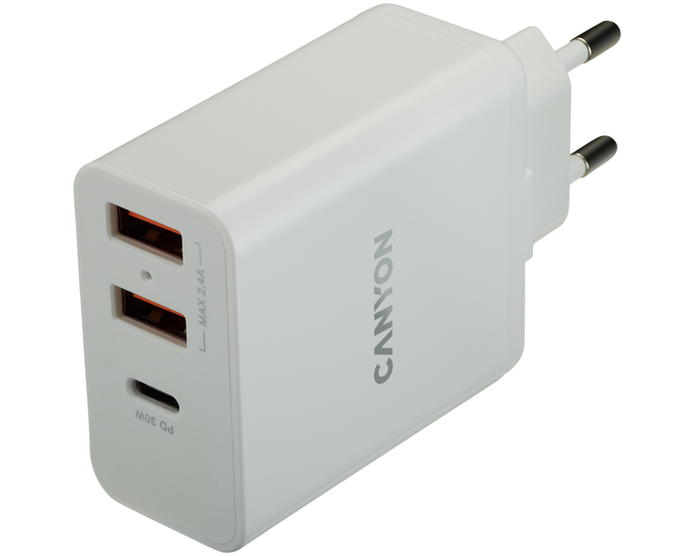 Зарядно CANYON H-08 PD 30W USB-C 2USB-A White 5