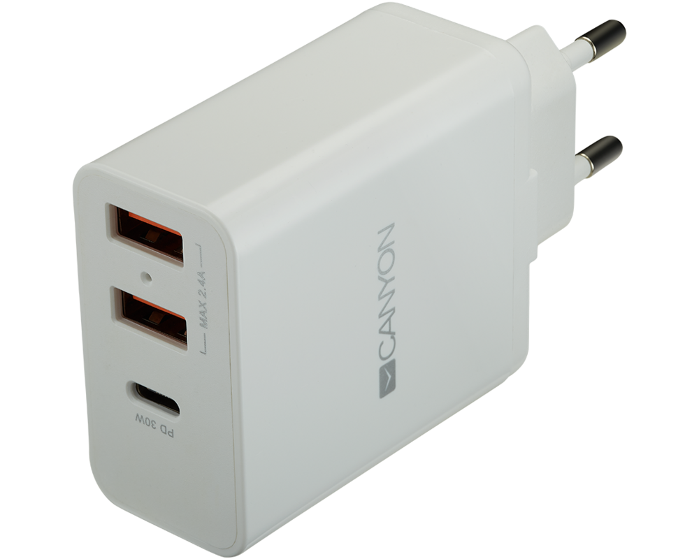 Зарядно CANYON H-08 PD 30W USB-C 2USB-A White
