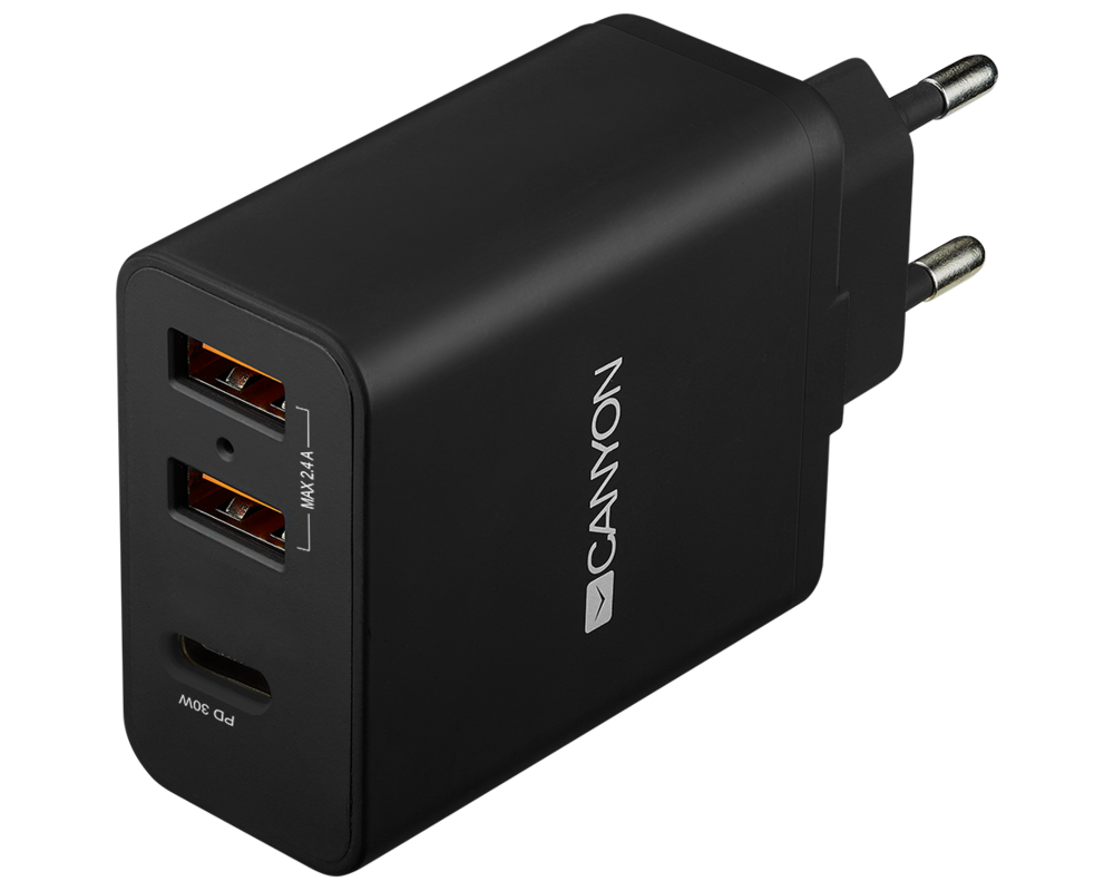 Зарядно CANYON H-08 PD 30W USB-C 2USB-A Black