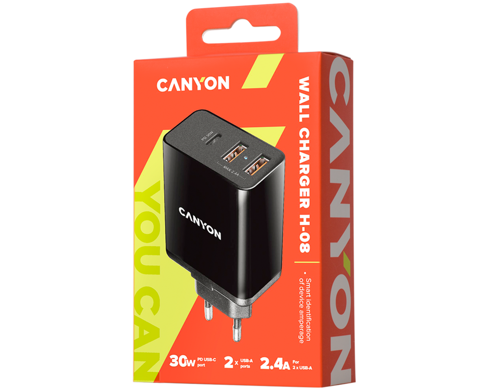 Зарядно CANYON H-08 PD 30W USB-C 2USB-A Black 4