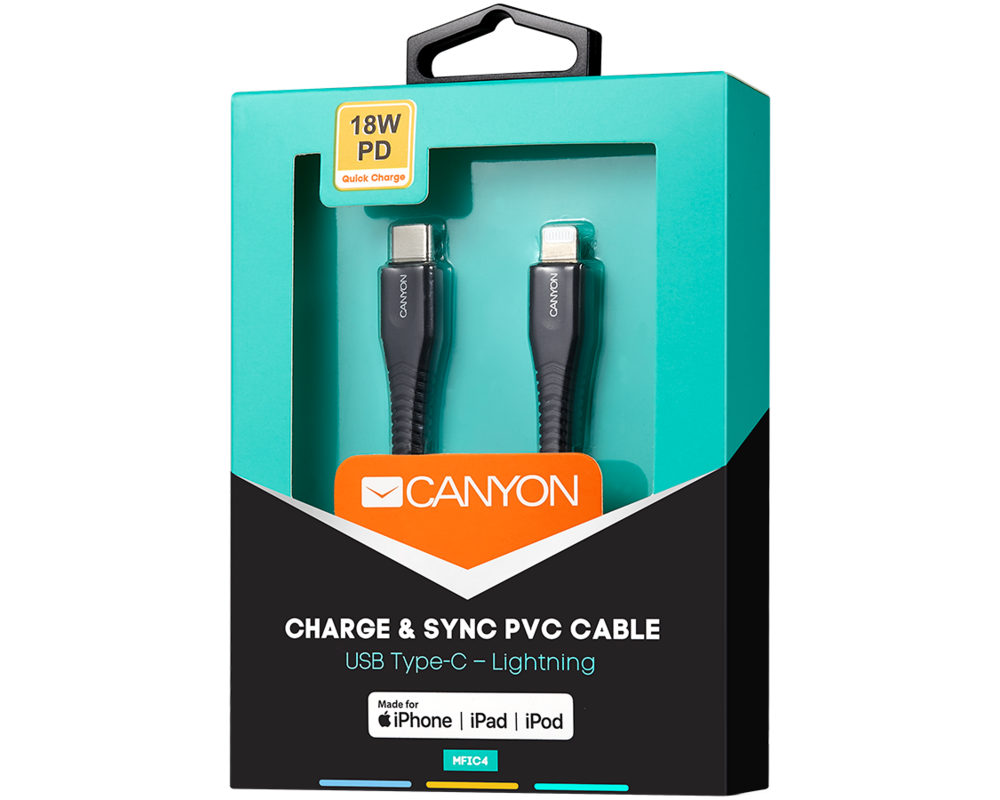 Кабел CANYON cable MFI-4 Type-C to Lightning 1... 3