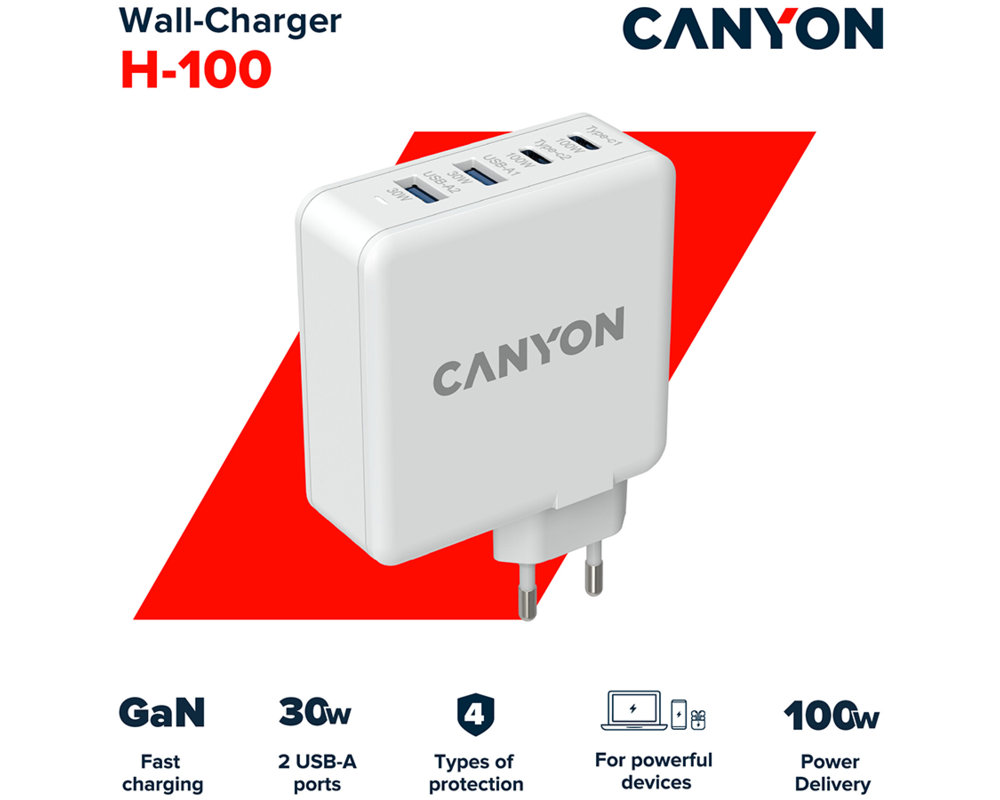 Зарядно CANYON H-100 GaN PD 100W QC 3.0 30W Whit... 7