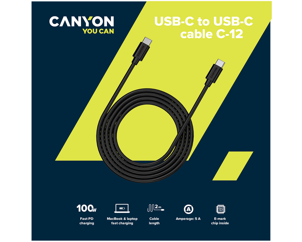 Кабел CANYON cable C-12 USB-C to USB-C 100W 2m... 2