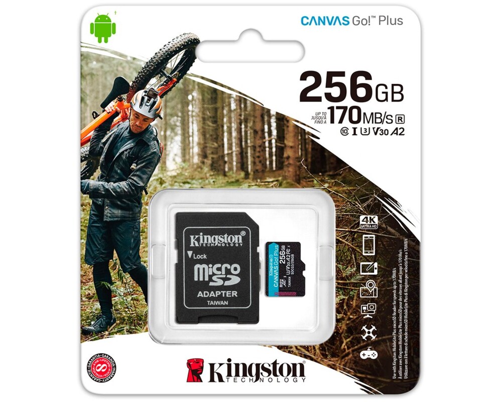 Флаш карта 256 GB Kingston Canvas Go! Plus microSDXC, UHS-I, Class 10, U3, V30, A2, Адаптер 7