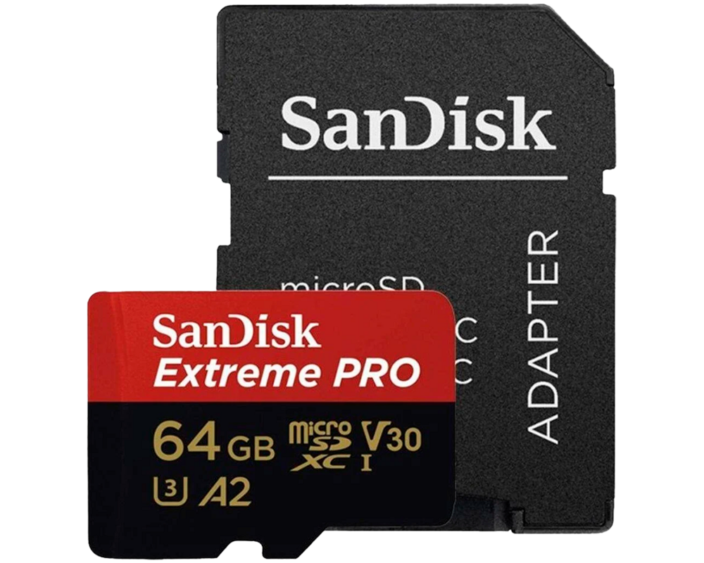 Флаш карта SANDISK Extreme PRO microSDXC, 64GB, Class 10 U3, A2, V30, 90 MB/s с адаптер до SD 2