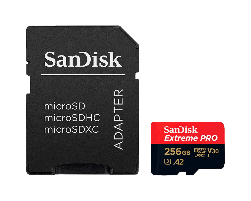 Флаш карта SANDISK Extreme PRO microSDXC, 256GB, Class 10 U3, A2, V30, 140 MB/s с адаптер до SD 2