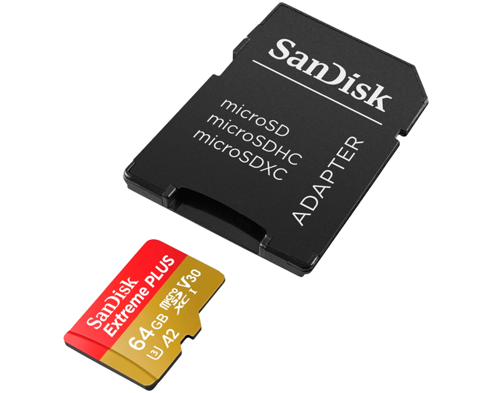 Флаш карта SanDisk Extreme PLUS microSDXC 64GB + SD Adapter + 2 years RescuePRO Deluxe up to 200MB/s & 90MB/s Read/Write speeds A2 C10 V30 UHS-I U8 3