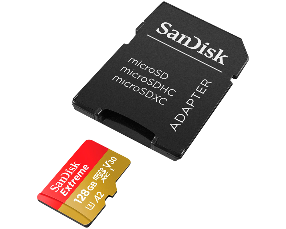 Флаш карта SanDisk Extreme microSDXC 128GB for Action Cams and Drones + SD Adapter + 1 year RescuePRO Deluxe up to 190MB/s & 90MB/s Read/Write speeds A2 C10 V30 UHS-I U3 6