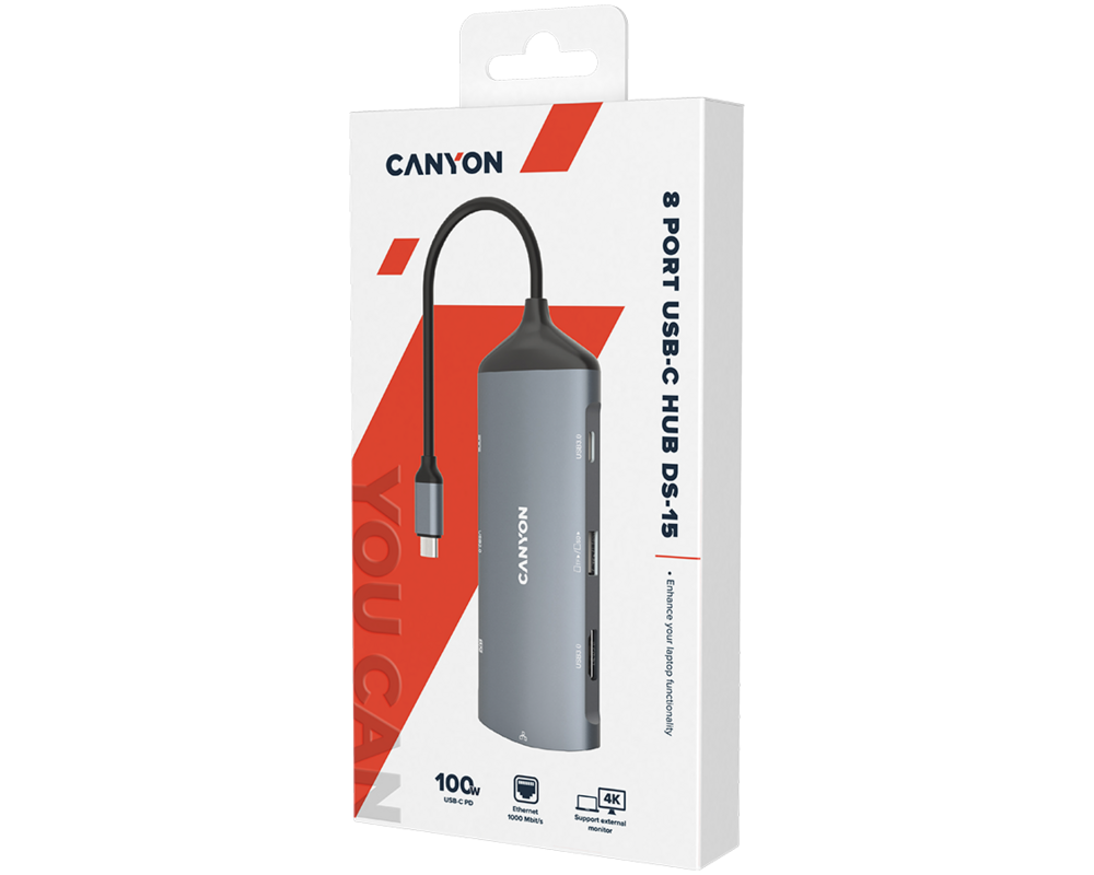 USB хъб CANYON hub DS-15 8in1 4k USB-C Dark Grey 2