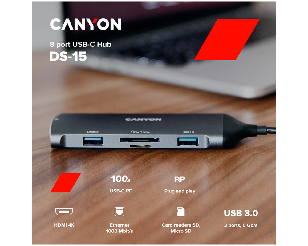 USB хъб CANYON hub DS-15 8in1 4k USB-C Dark Grey 3