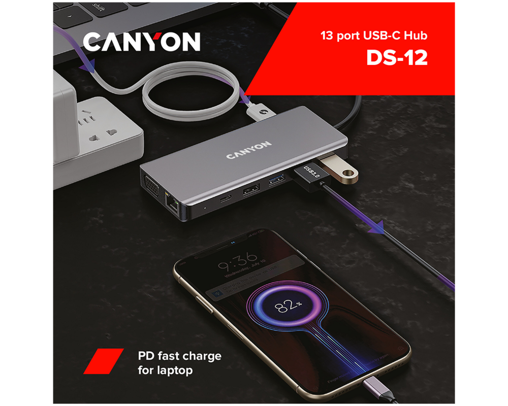 USB хъб CANYON hub DS-12 13in1 4k USB-C Dark Gre... 5
