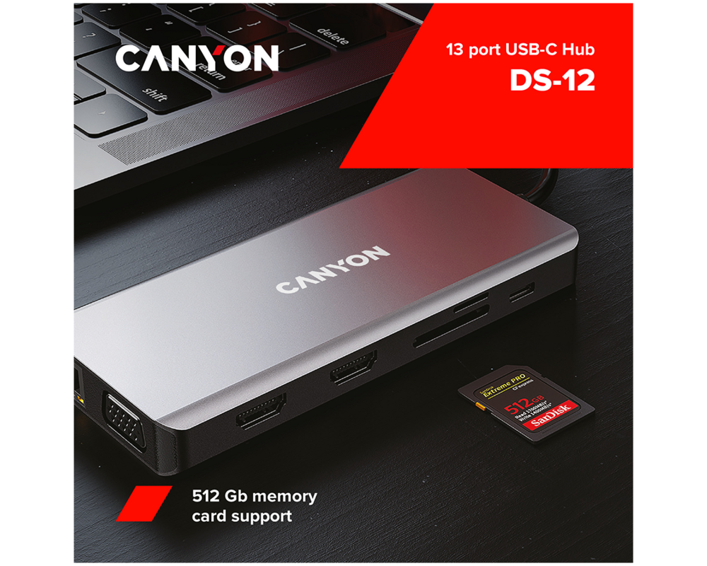 USB хъб CANYON hub DS-12 13in1 4k USB-C Dark Gre... 4