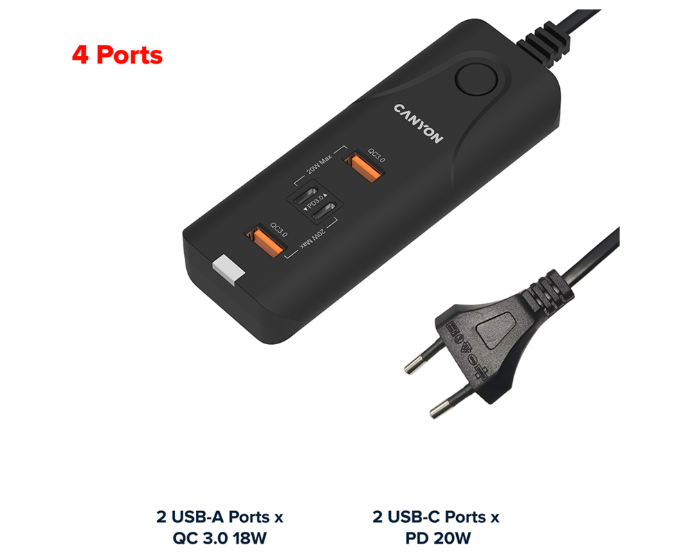 Зарядно CANYON H-10 PD 20W QC 3.0 18W 2USB-A 2US... 3