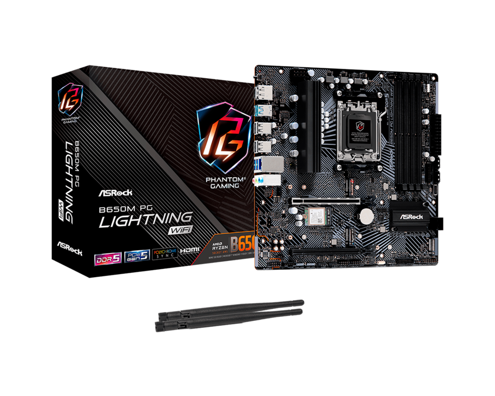 Дънна платка ASROCK B650M PG LIGHTNING WIFI AM5 mATX 4x DDR5 2.5G LAN Wi-Fi 6E + BT 3