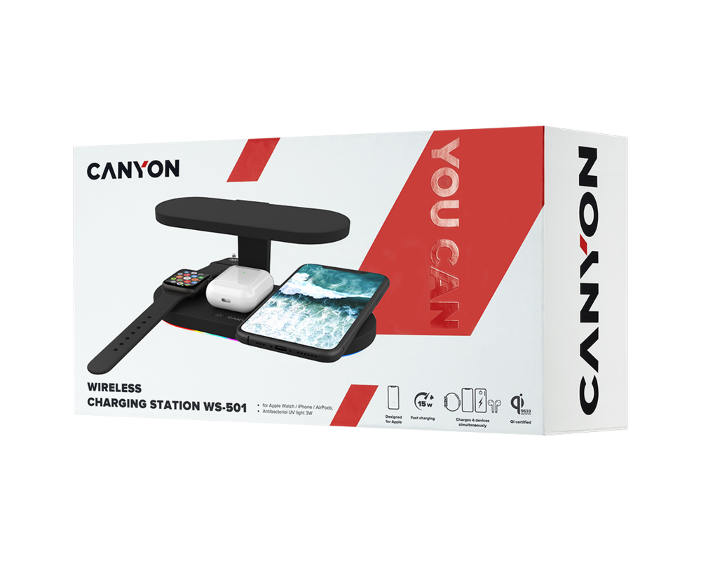 Зарядно CANYON wireless WS-501 15W 5in1 UV Black 8