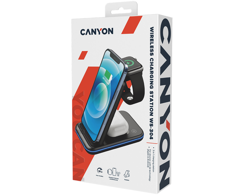 Зарядно CANYON wireless WS-304 15W 2in1 Black 9