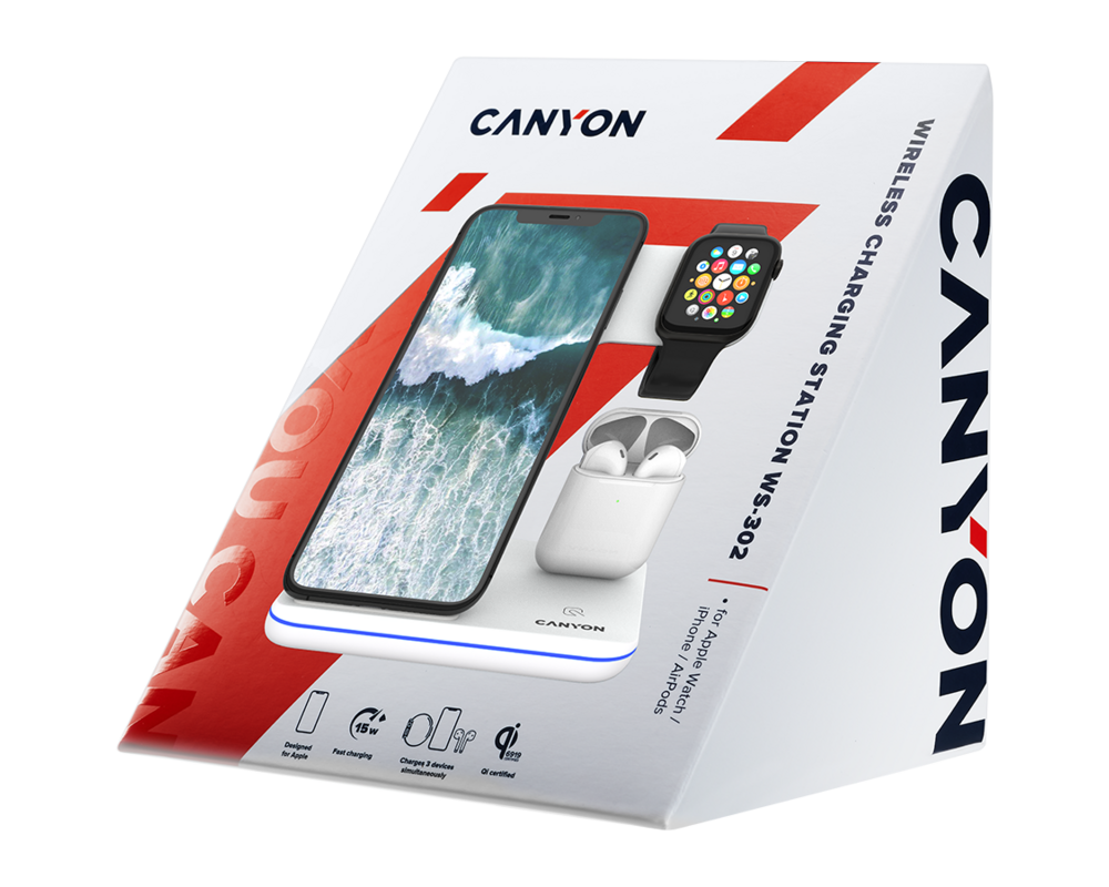 Зарядно CANYON wireless WS-302 15W 3in1 Black 6