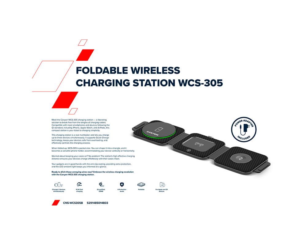 Зарядно CANYON wireless WS-305 15W 3in1 Foldable... 15