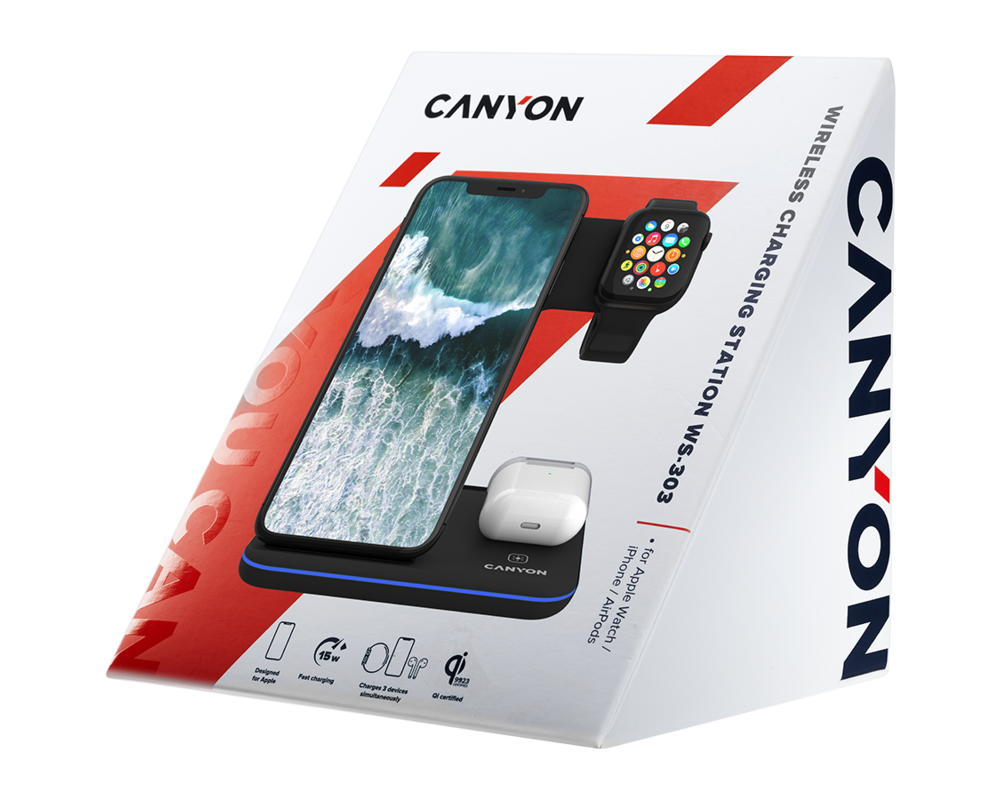 Зарядно CANYON wireless WS-303 15W 3in1 Black 6