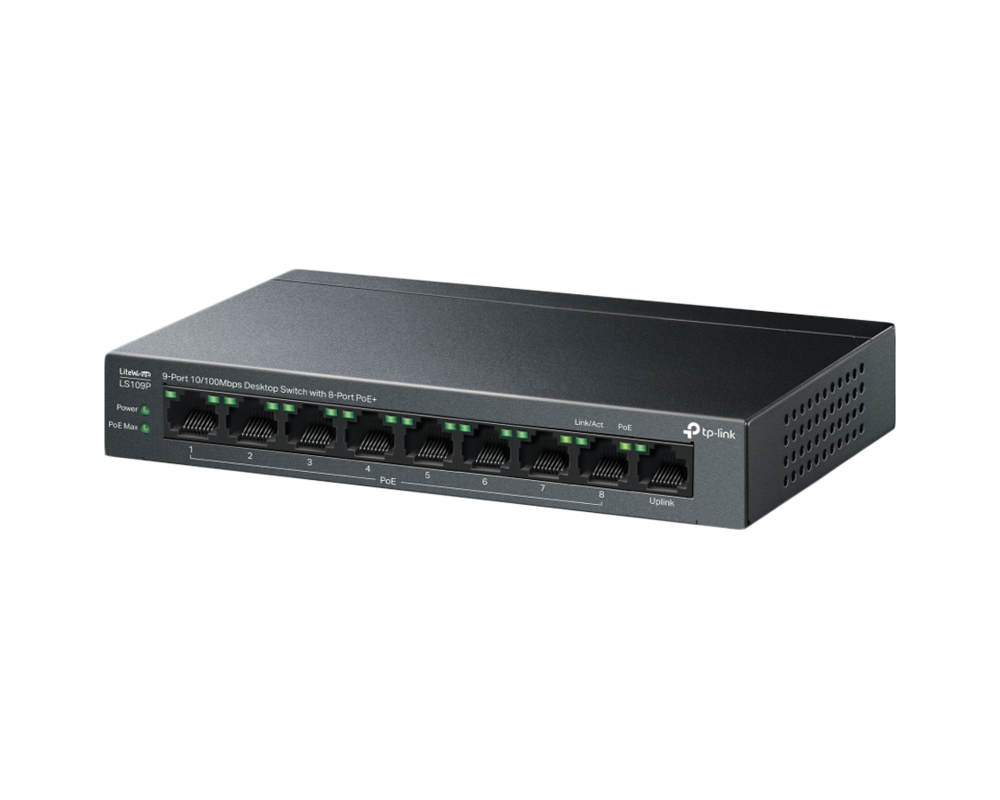 Switch (Комутатор) TP-Link LS109P 9-портов 10/100Mbps с 8-портов PoE+ 12