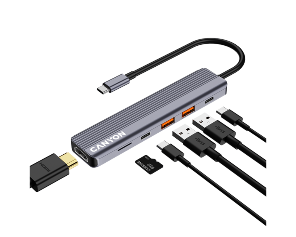 USB хъб CANYON hub DS-17 6in1 4k USB-C Grey 6