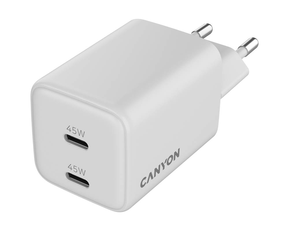 Зарядно CANYON CU45AC GaN 45W 2xPD EU White 4