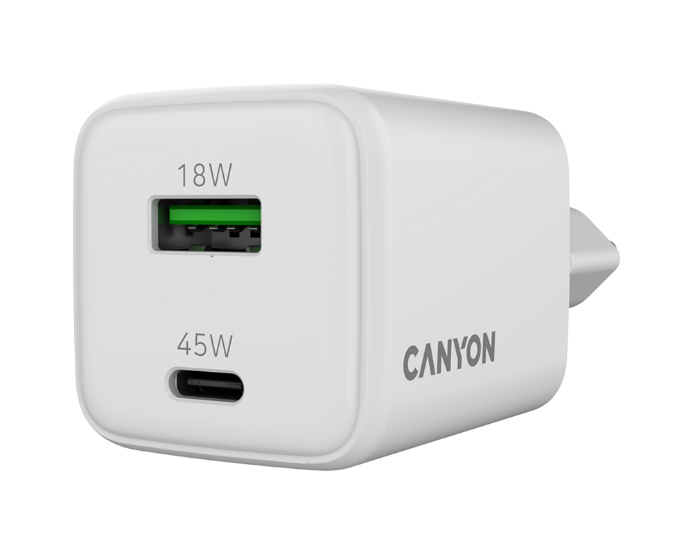 Зарядно CANYON CU45AC GaN 45W 1xPD 1xQC EU White 5