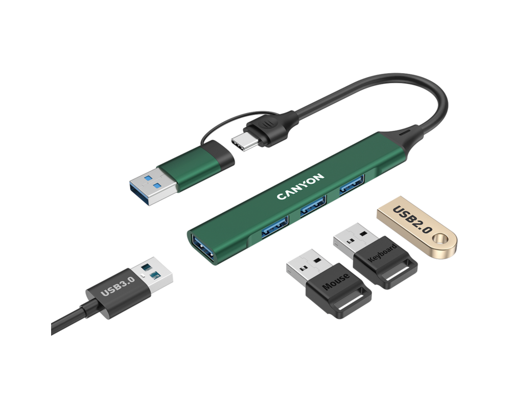 USB хъб CANYON hub DS-02 4in1 USB-A/C Green 4