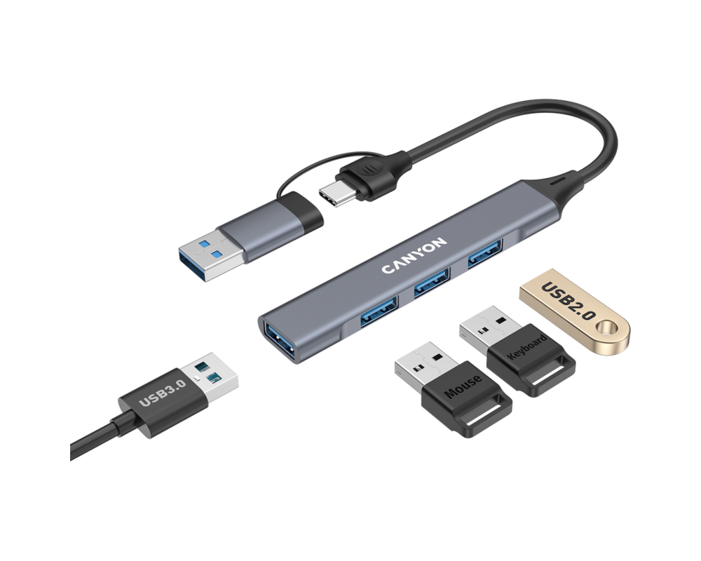 USB хъб CANYON hub DS-02 4in1 USB-A/C Grey 4