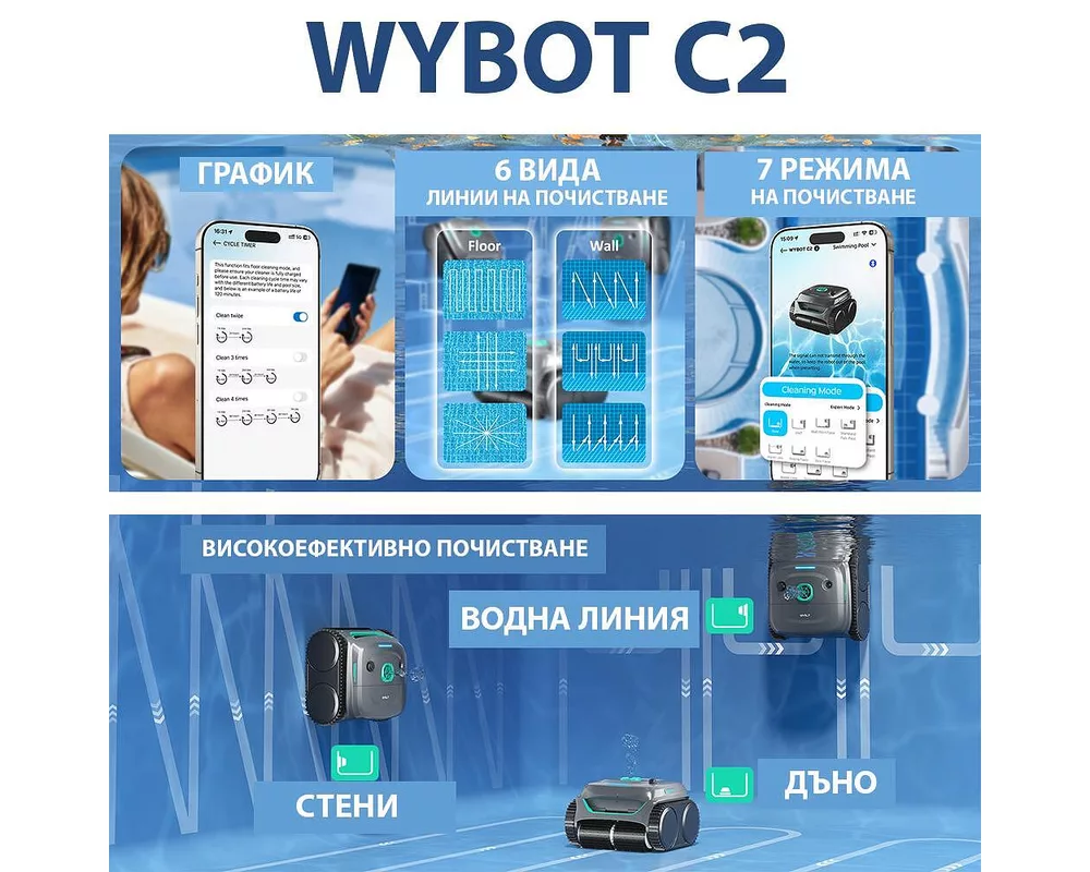 Робот за басейн Безкабелен робот за басейни Wybot C2, Двойна филтрация, Почиства до 180 мин/200 м2 14