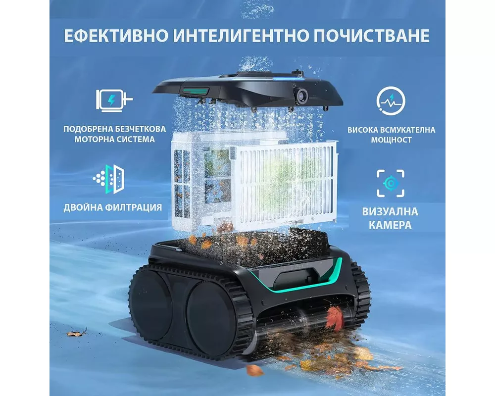 Робот за басейн Безкабелен робот за басейни Wybot C2 Pro Vision, Двойна филтрация, Почиства до 180 мин/200 м2, AI камера за откриване на замърсявания 12