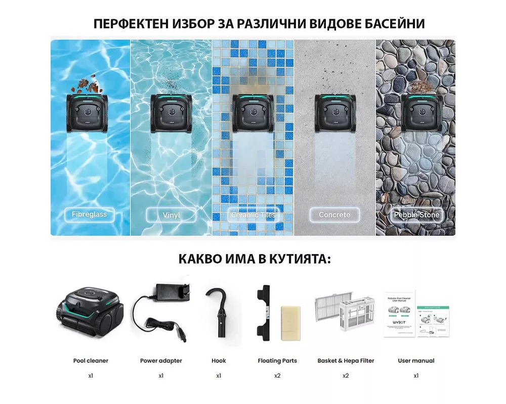 Робот за басейн Безкабелен робот за басейни Wybot C2 Pro Vision, Двойна филтрация, Почиства до 180 мин/200 м2, AI камера за откриване на замърсявания 13