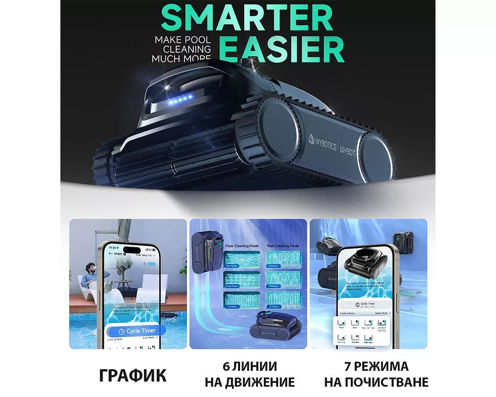 Робот за басейн Безкабелен робот за басейни Wybot M1, Двойна филтрация, Почиства до 300 мин/400 м2, 2 реда четки, 120W 8
