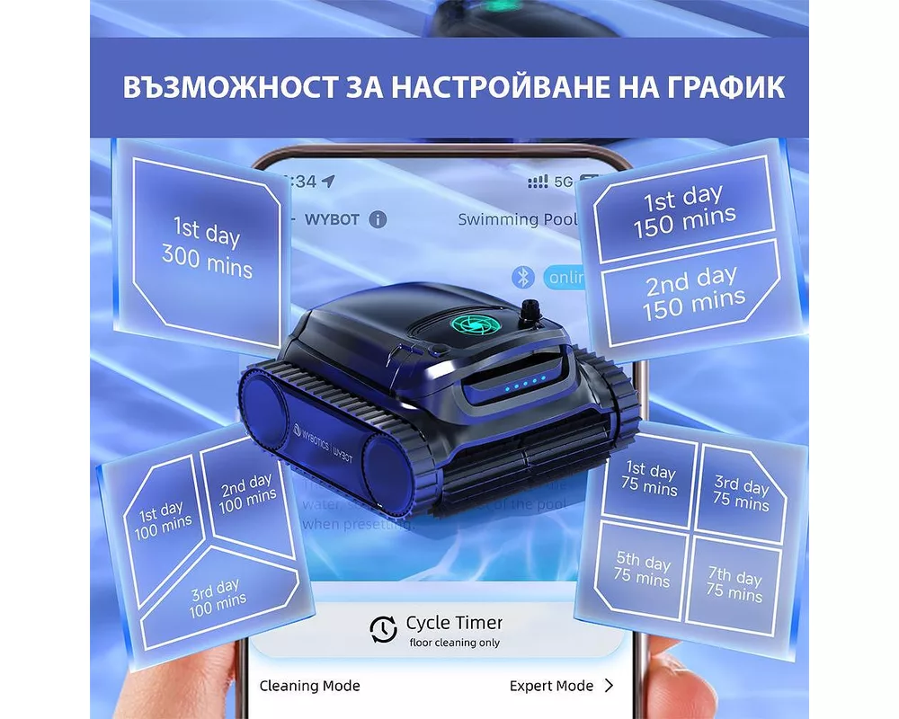 Робот за басейн Безкабелен робот за басейни Wybot M1, Двойна филтрация, Почиства до 300 мин/400 м2, 2 реда четки, 120W 5