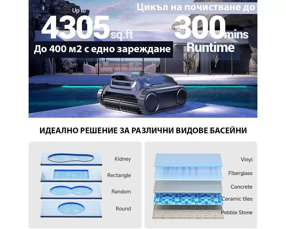 Робот за басейн Безкабелен робот за басейни Wybot M1, Двойна филтрация, Почиства до 300 мин/400 м2, 2 реда четки, 120W 9