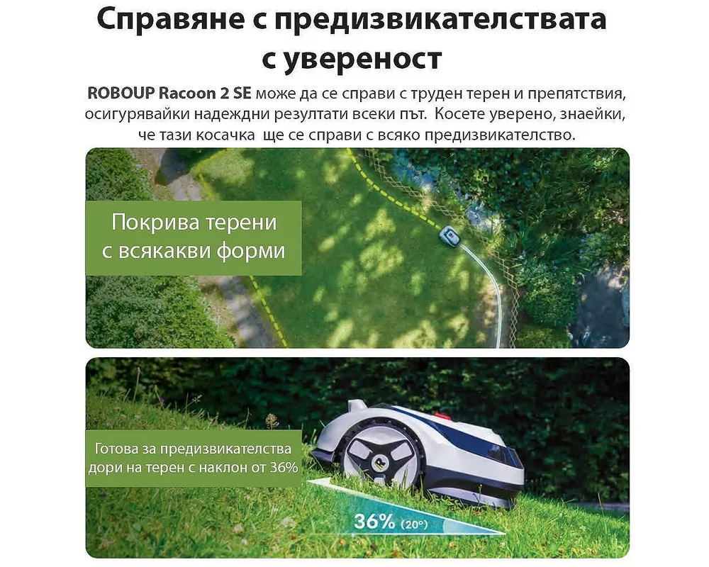 Косачка PRE-ORDER   робот с гараж, без ограничителен кабел и антена RoboUp Racoon 2 SE - до 600 м2 с подарък  резервни ножчета 6