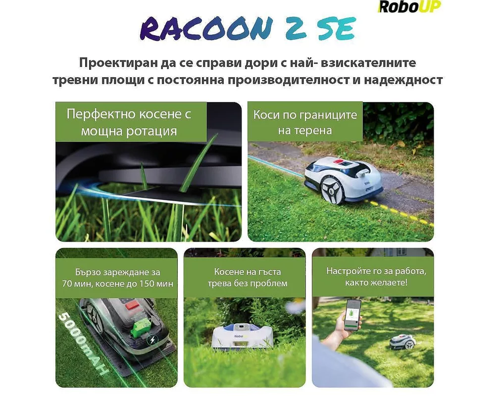 Косачка PRE-ORDER   робот с гараж, без ограничителен кабел и антена RoboUp Racoon 2 SE - до 600 м2 с подарък  резервни ножчета 7