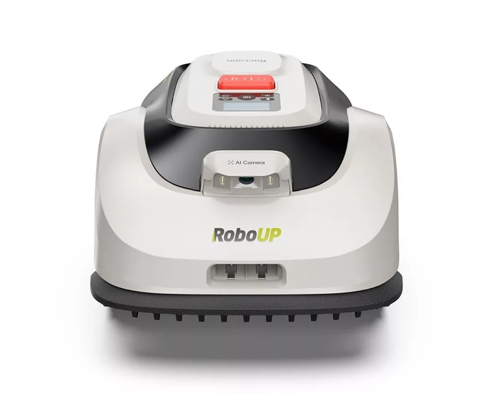 Косачка PRE-ORDER   робот с гараж, без ограничителен кабел и антена RoboUp Racoon 2 SE - до 600 м2 с подарък  резервни ножчета 9