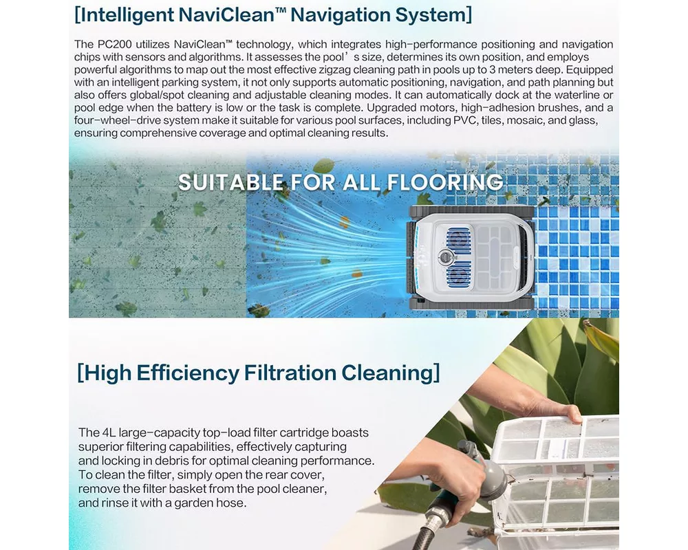 Робот за басейн Безкабелен робот със скимер за почистване на басейни AirRobo PC200, Почиства до 150 мин/200 м2, 2 реда четки 17