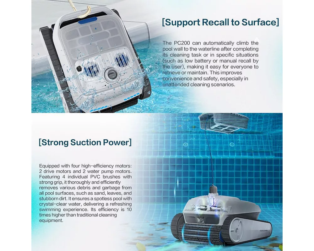 Робот за басейн Безкабелен робот със скимер за почистване на басейни AirRobo PC200, Почиства до 150 мин/200 м2, 2 реда четки 14