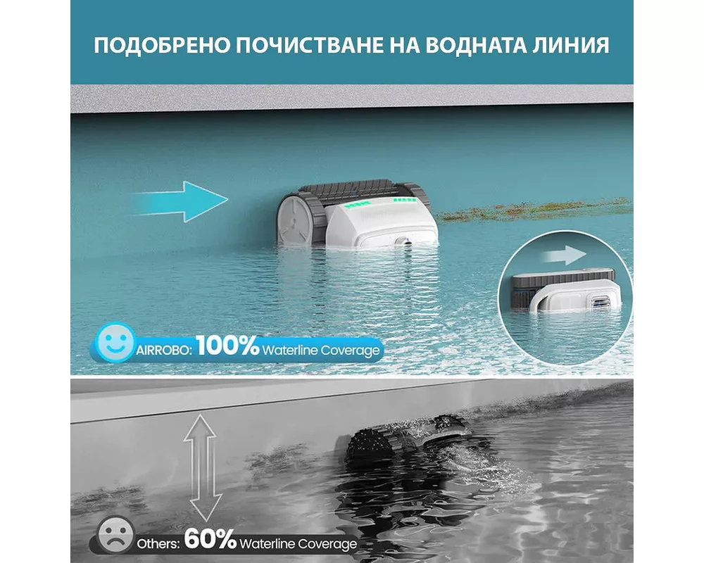 Робот за басейн Безкабелен робот със скимер за почистване на басейни AirRobo PC200, Почиства до 150 мин/200 м2, 2 реда четки 10