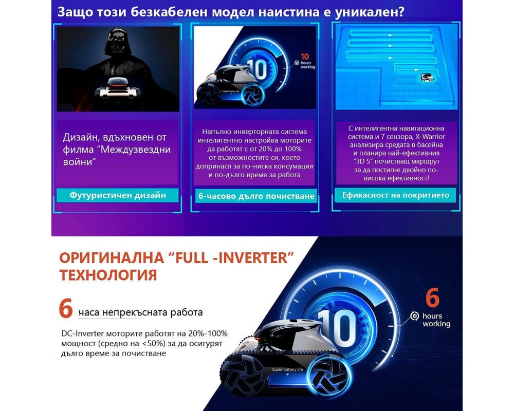 Робот за басейн Безкабелен робот за басейн X-Warrior X60 (за басейни с дължина до 20 м, до 6 часа работа) 5 Робот за басейн Безкабелен робот за басейн X-Warrior X60 (за басейни с дължина до 20 м, до 6 часа работа) 5