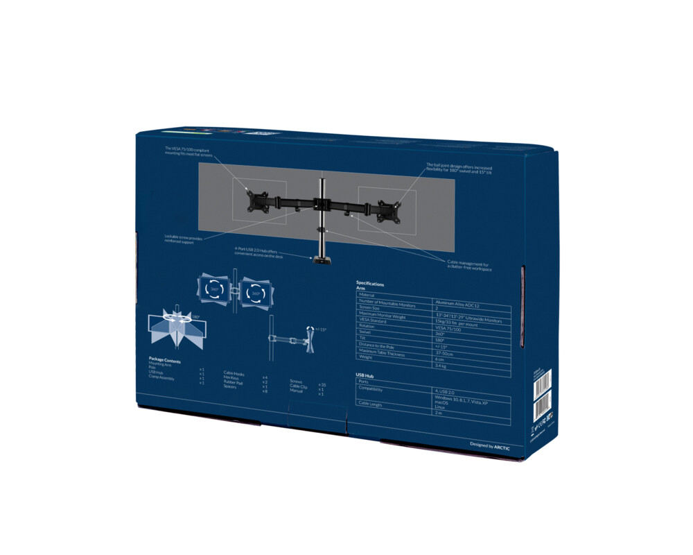 Стойка за 2 монитора за бюро ARCTIC Z2 (ген.3), Регулируема, 34", 15 кг, 4 x USB 2.0, Черна 16