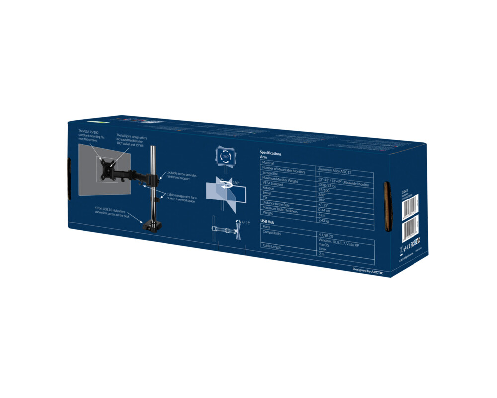 Стойка ARCTIC Z1 (Gen 3), Регулируема, до 49", 15 кг, hub USB 2.0, Черна 17