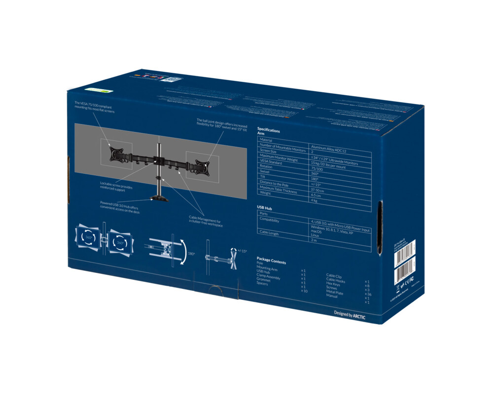 Стойка за 2 монитора за бюро ARCTIC Z2 Pro Gen 3, Регулируема, до 34"/29", 15 кг, 4 x USB3.0, Черна 18