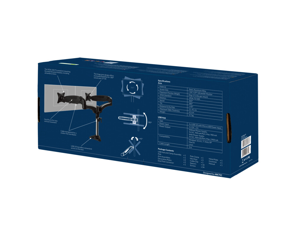 Стойка за 2 монитора за бюро ARCTIC Z2-3D (ген.3), Регулируема, 34", 8 кг, 4 x USB 3.2 Gen 1 25